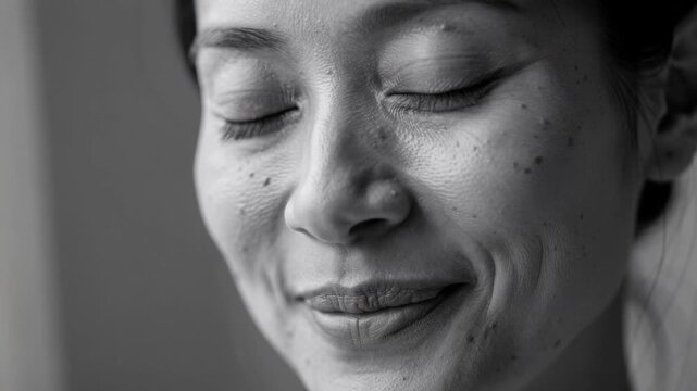 Close up of a peaceful woman with closed eyes and subtle smile in black and white portrait