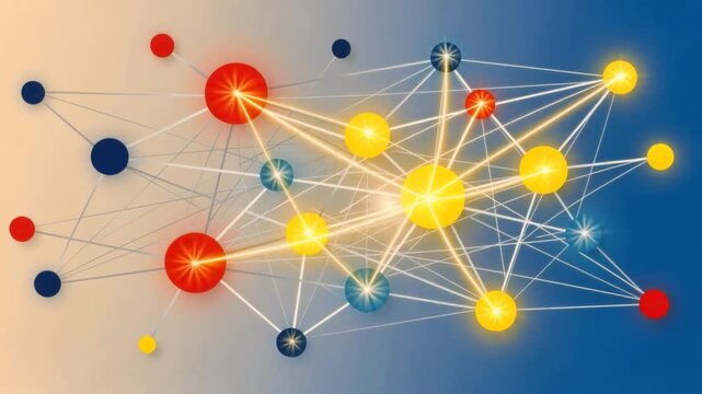 Colorful abstract digital network with interconnected glowing nodes representing technology and data connections