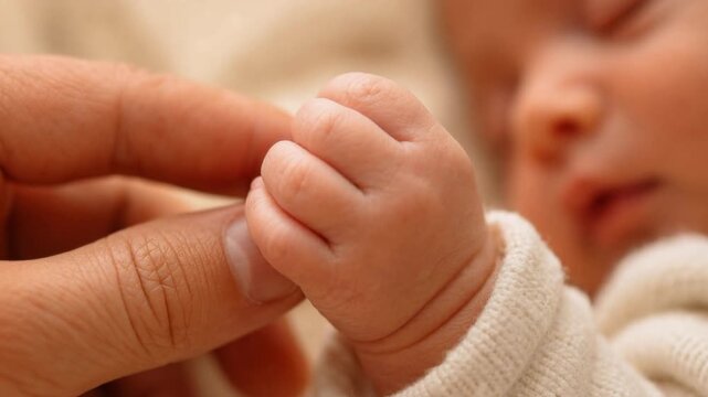 Close up of newborn baby holding adult finger showing love care and bonding