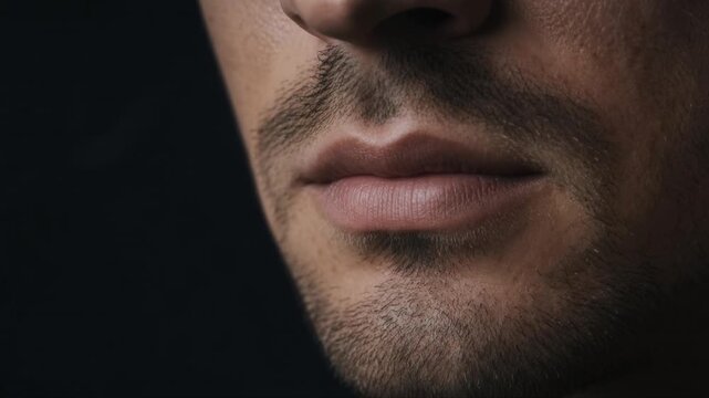 Close up of male lips and beard with natural skin texture on black background