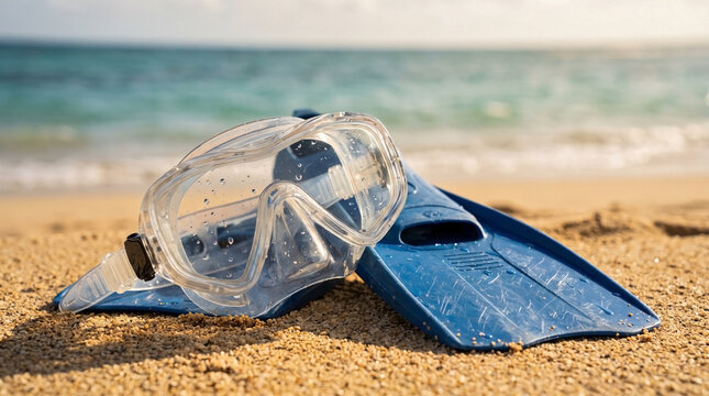 Snorkel mask and fins rest on golden sand, showing clear water droplets near sea. Transparent snorkel mask with  fins wait for next underwater adventure. Tropical vacation concept