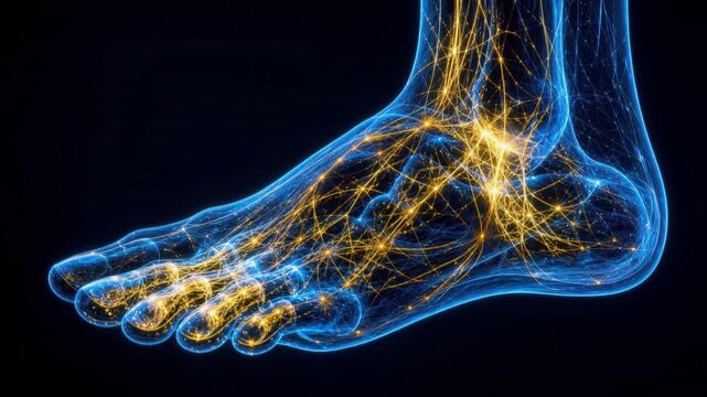3D illustration of human foot nerves and bones glowing with blue and yellow light on black background