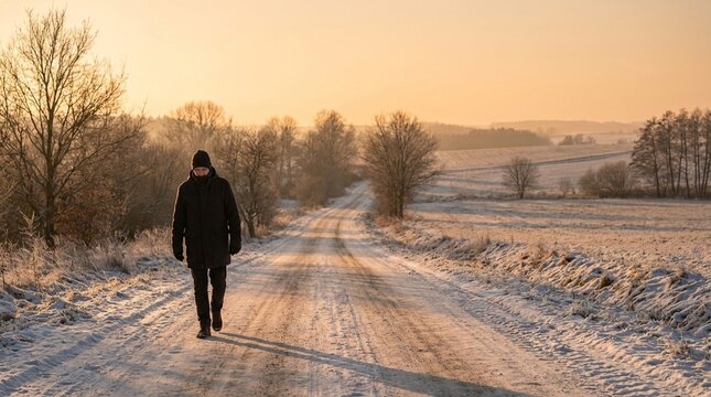 Serene winter landscape at dawn or dusk, snow covered road winding through quiet fields, peaceful atmosphere for travel or reflection, perfect for seasonal marketing material