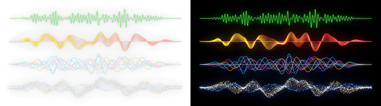 Set of colorful glowing audio sound waves and equalizer frequencies