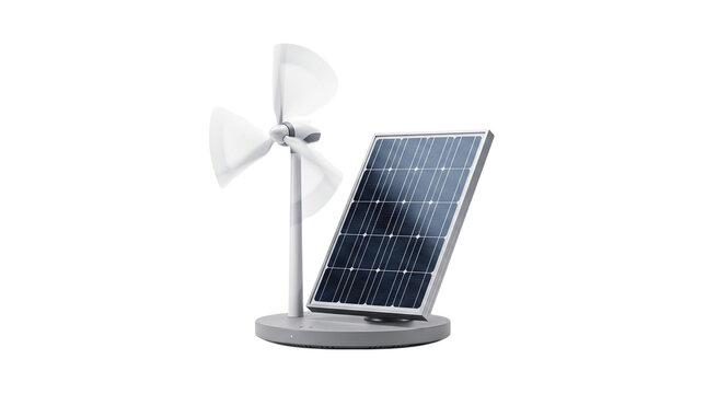 Renewable energy solar panel and wind turbine model, sustainable power generation equipment, clean green technology concept isolated PNG with Transparent Background