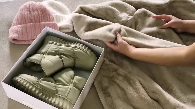 The woman is preparing winter and autumn clothing for the upcoming cold weather. coat and hats, preparing seasonal footwear and outerwear for winter and autumn.