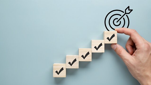 Hand placing checkmark on wooden block ascending stairs toward goal concept