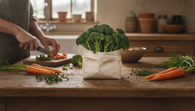 Rustic organic broccoli bundle on wooden table
