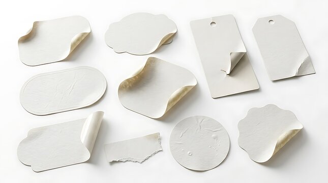 Collection of blank white peeled labels and tags of different shapes on white background with blank label white tag peel off adhesive label paper tag price tag blank sticker label mockup