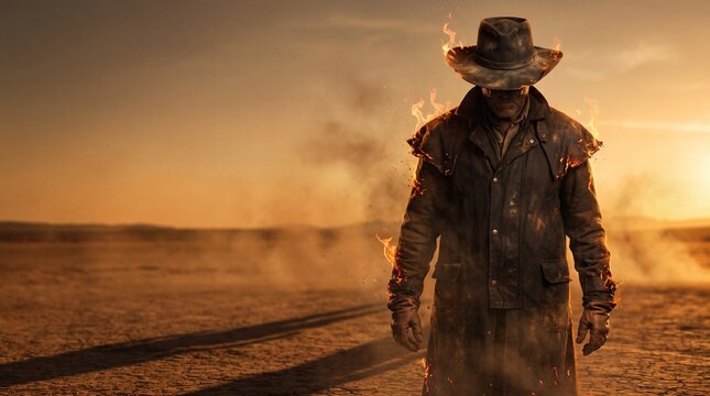 Burning Cowboy in Duster Coat Standing in Desert at Sunset