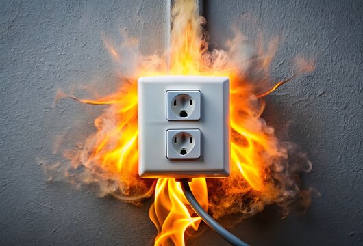 Electrical Wall Socket Engulfed in Flames and Smoke Representing Fire Hazard outlet