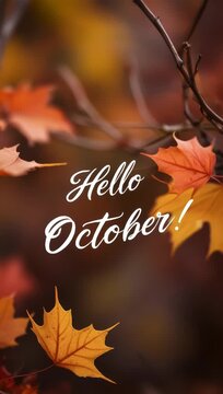 Card inscription Hello october autumn fall background yellow red leaves leaf fall AI Generative