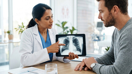 Obraz premium Doctor showing lung x-ray on tablet to patient, medical consultation