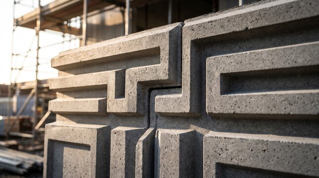 Close-up of interlocking gray concrete masonry blocks with a bold geometric profile, illustrating durable structural materials for construction.
