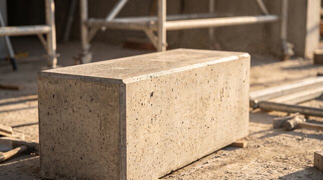 Rectangular concrete masonry block photographed at a construction site, highlighting its solid form, rough texture, and structural applications.
