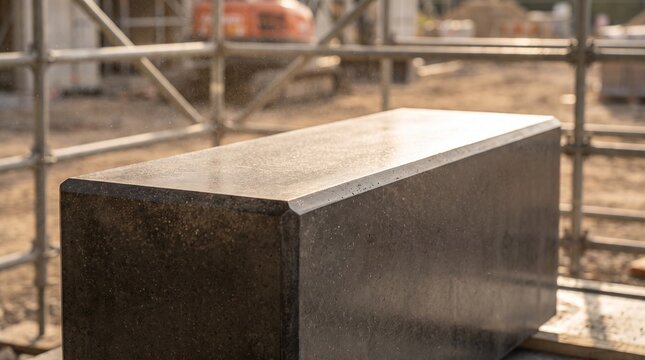 Large rectangular concrete block at a construction site, emphasizing raw material texture, structural strength, industrial design, and practical building applications.
