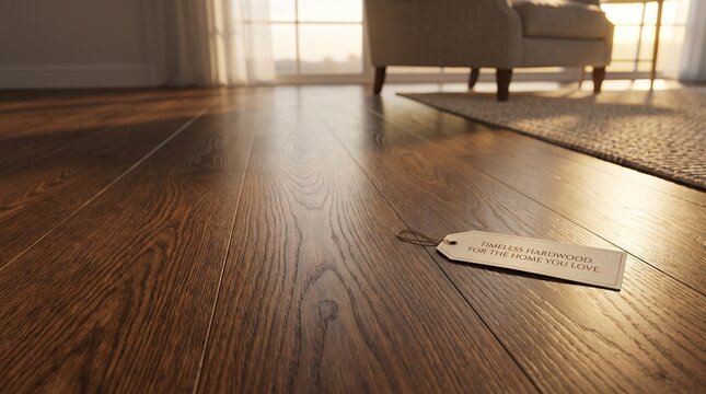 Close-up of rich brown hardwood flooring with pronounced grain and a subtle transition detail, showcasing natural material, warmth, and craftsmanship.