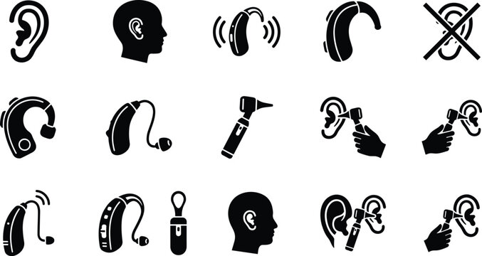 Hearing aid device medical black glyph icons set featuring ear care audiologist examination otoscope checking deaf silence acoustic tools