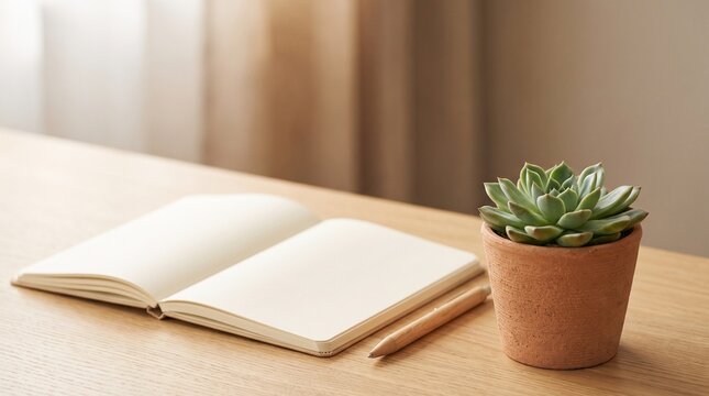 Open notebook with a pen and a small succulent plant on a wooden desk