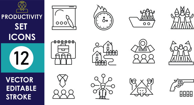 Professional productivity icon set featuring business growth, teamwork, leadership, networking, project management, collaboration, communication, innovation, strategy, planning, and organizational suc
