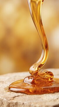 A thick stream of golden honey pouring onto a rustic wooden surface.