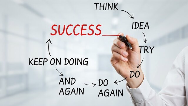 A businessman drawing a diagram of success on a whiteboard, illustrating the cycle of thinking, idea, try, do, do again, and keep on doing to achieve success