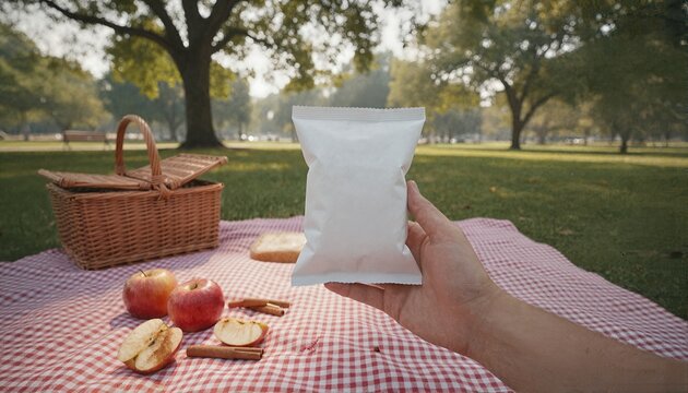 Sleek snack bag at a sun-drenched outdoor picnic with fresh fruit accents