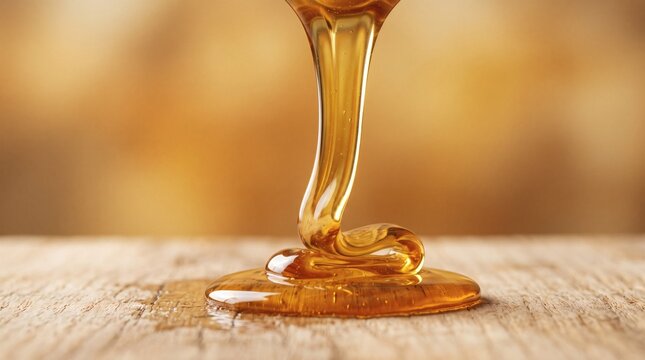 Golden honey pouring onto a rustic wooden table surface.