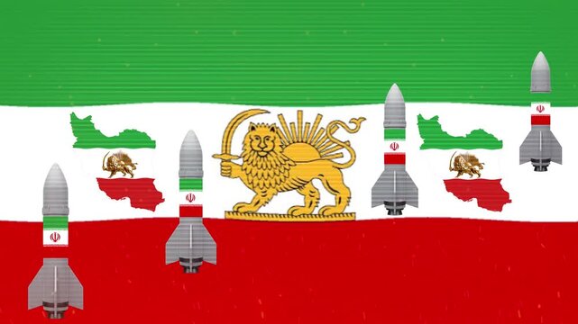Historical iranian flag with lion and sun emblem and map of iran
