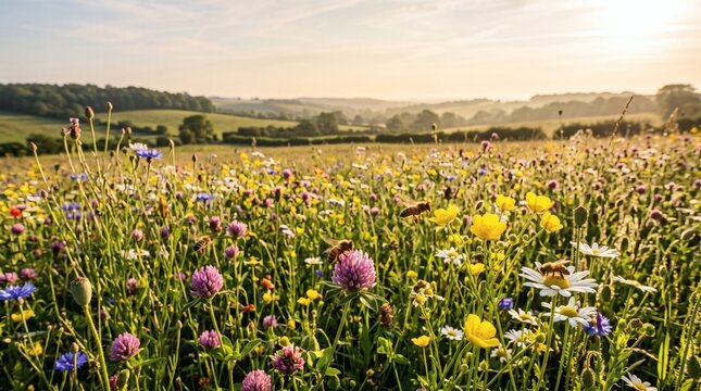 Beautiful wildflower meadow in the English countryside during a warm sunny summer morning.