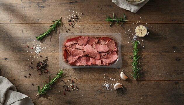 Sliced beef brisket on rustic wood with fresh herbs