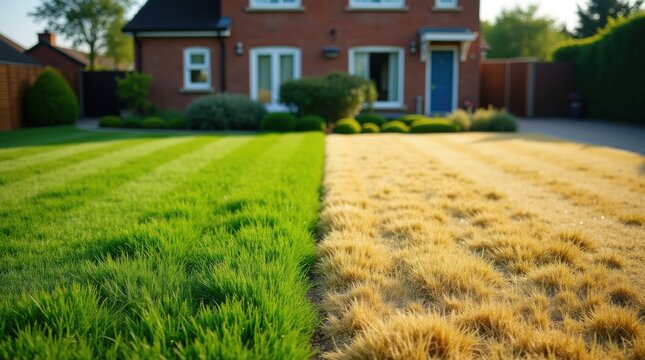 Comparaci&oacute;n del antes y el despu&eacute;s del c&eacute;sped de un patio trasero: un lado muestra hierba verde, sana y frondosa, y el otro, hierba seca y amarillenta