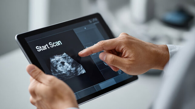Ultrasound scan displayed on tablet with hand about to press start scan button, showing medical imaging