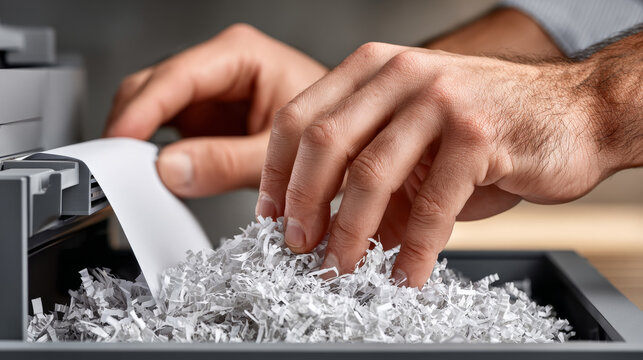 Cybersecurity and Data Privacy concept ,Close up of hand retrieving shredded paper from office shredder bin for secure