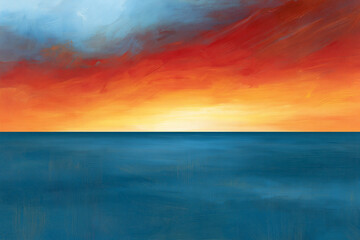 Fototapeta premium Vivid Sunset Horizon And Deep Blue Ocean Minimalist Oil Painting
