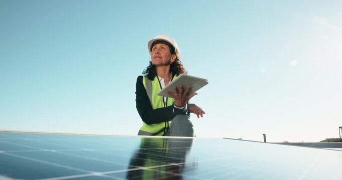 Tablet, thinking and engineer with woman and solar panel for renewable energy, vision and power grid. Photovoltaic, sustainability and outdoor with mature employee for electrical system and tech