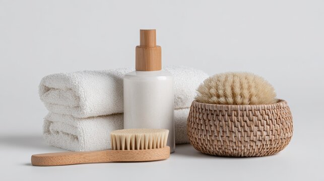 Minimalist Spa Still Life With White Towels Cosmetic Bottle And Natural Wooden Scrubbing Brushes