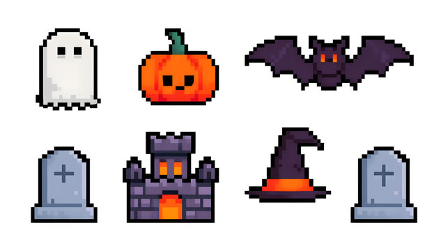 Pixel Halloween Icons: A charming collection of 8-bit pixel art icons representing classic Halloween symbols like a ghost, pumpkin, bat, castle, witch hat, and gravestone.
