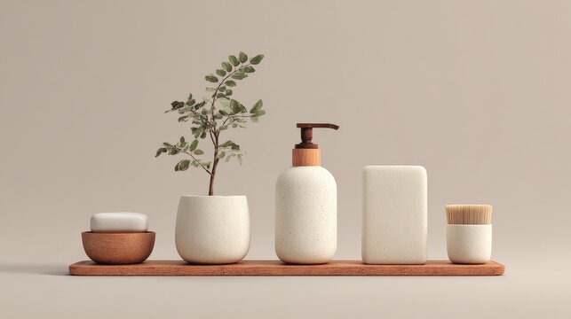 Minimalist Terrazzo Bathroom Accessories Set With Cork Tray And Potted Plant On A Neutral Background