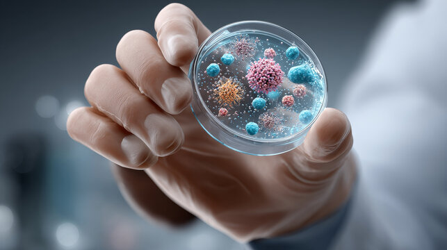 Petri dish with colorful virus particles held by gloved hand in laboratory setting showing microscopic infection study