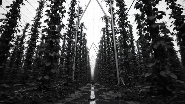 Black and white shot of a field of hop plants growing tall inside of a frame structure with moody lighting