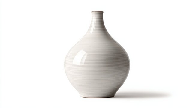 Minimalist White Ceramic Vase With Subtle Horizontal Brown Lines Isolated On A White Background