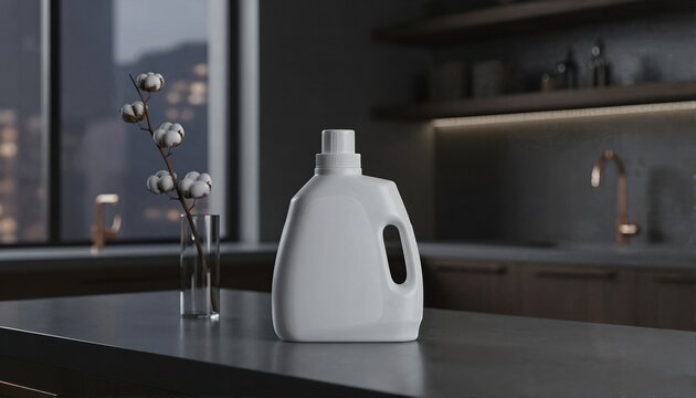 Sophisticated laundry care bottle with white label in a dark moody utility space