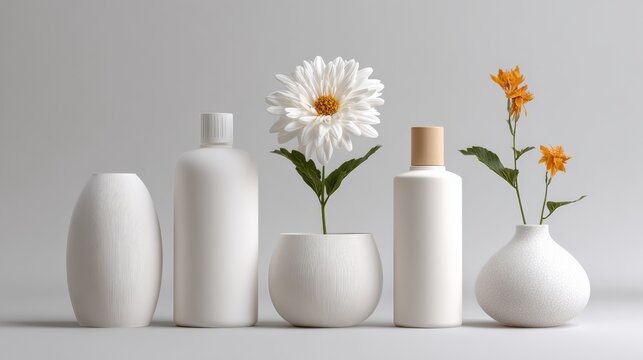 Minimalist White Cosmetic Bottles And Decorative Vases With Flowers On A Light Grey Background