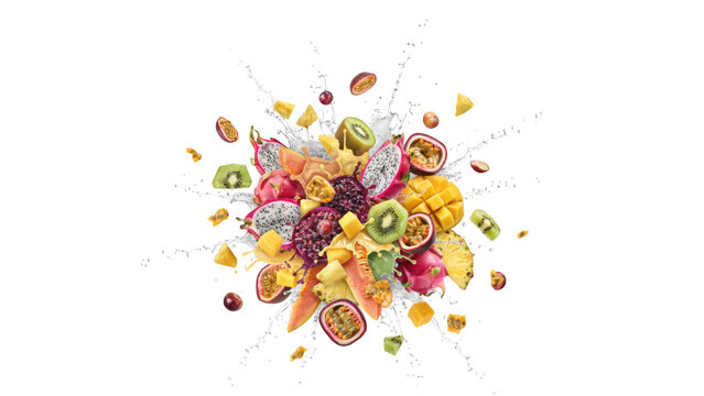 Assorted tropical fruits including dragon fruit, mango, kiwi, and passion fruit exploding with white milk splashes on a solid black background