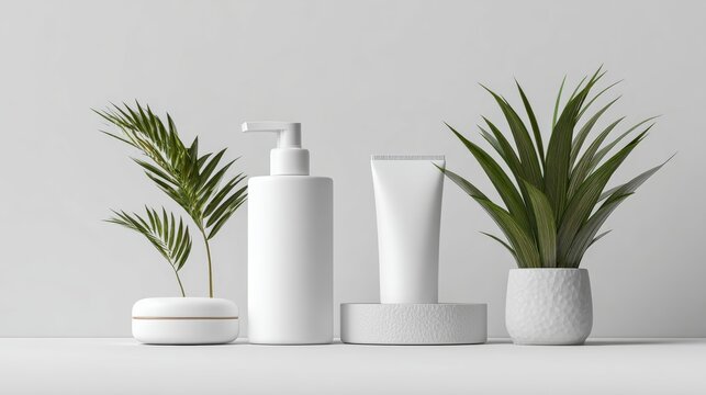 Minimalist White Cosmetic Bottles And Tubes Displayed On Stone Platforms With Green Tropical Leaves