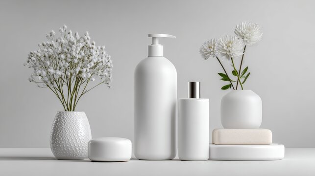 Minimalist White Cosmetic Bottles And White Flowers In Vases Against A Clean Neutral Gray Background