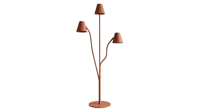 Three headed floor lamp with copper finish and adjustable arched arms provides warm ambient lighting for modern living room spaces or minimalist bedroom interiors.