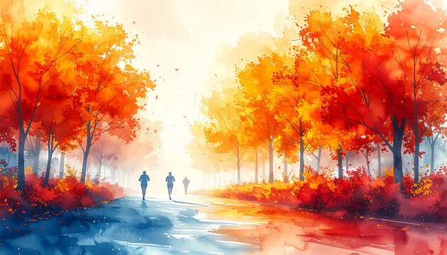 紅葉した森の中をランニングする人々のシルエット　秋の風景を描いた水彩風イラスト　健康やスポーツをテーマにしたWebバナーや広告デザインに使えるコピースペースのある背景素材