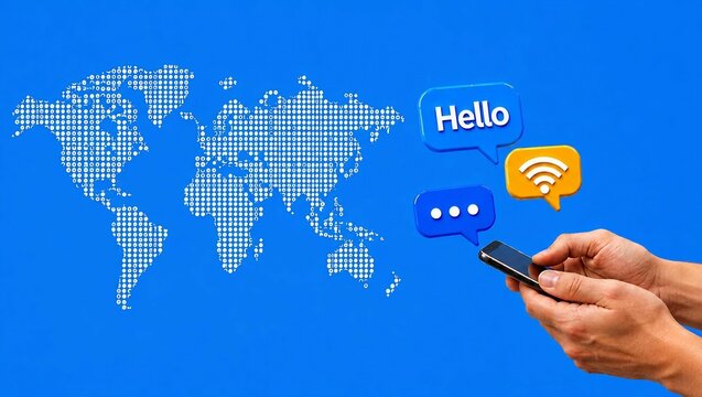 Global communication and internet networking concept, hands holding a smartphone with 3d chat bubbles and wifi icon over a digital world map on blue background